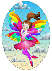 An illustration in the style of a stained glass window with a fairy on a sky background