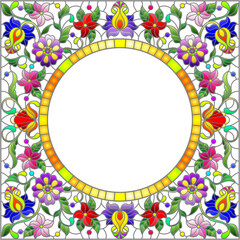 Illustration in stained glass style flower frame, bright flowers and  leaves in blue frame on a white background