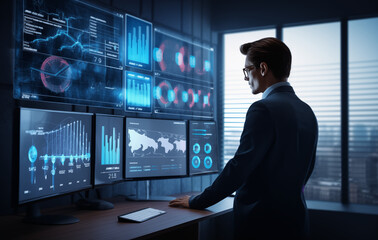 Fototapeta premium Businessman touch automated data management system to create reports with KPIs and indicators connected to the database. Data analysis with intelligent AI robot technology in business analysis 