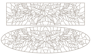Set of contour illustrations in the style of stained glass with bouquets of Calla flowers, dark outlines on a white background