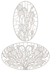 A set of contour illustrations of stained glass Windows with irises in frames, dark contours on a white background