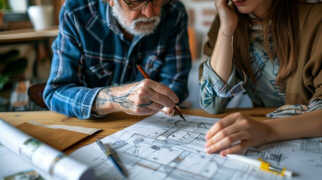 In a mentorship concept, a senior professional and a younger apprentice sit together at a table, intently examining an architectural blueprint, symbolizing knowledge transfer and guidance.