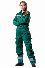 Serious Female Technician in Green Uniform Isolated on White