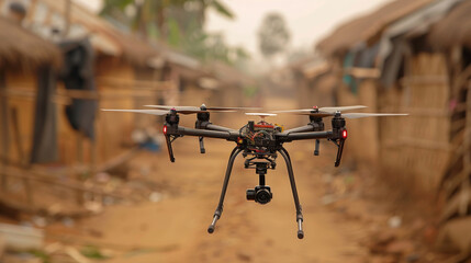 A drone is flying over a dirt road in a village
