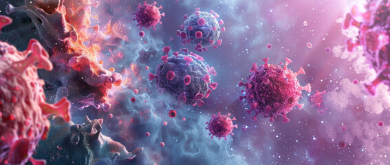 3d rendering of highly detailed and realistic depiction of virus cells, flowing in space with various colors