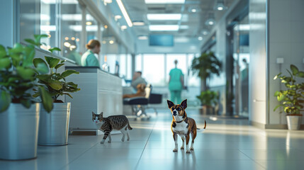 3D Veterinary Clinic Scene with Vet Doctor and Dog and cat in the corridor