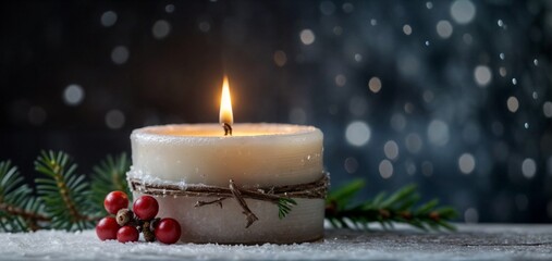 Obraz na płótnie Canvas Winter christmas candle with snow and copy space