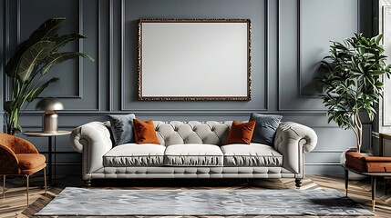 Elegance Redefined: A Blank Poster in a Serene Living Room Setting - obrazy, fototapety, plakaty