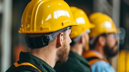 A group of men wearing yellow hard hats and safety glasses, standing together in a construction site. They are discussing plans, inspecting equipment, and ensuring workplace safety.