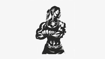 a minimalist icon drawing of a cute pump bodybuilder physique in the shape of a female, cutely focused with big buff arms, black and white logo