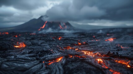 A volcanic eruption is occurring, with molten lava spewing out of the volcanos crater. The lava is flowing down the volcanos slope, creating a fiery and destructive scene. - obrazy, fototapety, plakaty