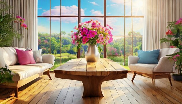modern living room with flowers a sun drenched living room scene, where an empty light wooden table adorned with vibrant flowers takes center stage,