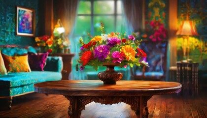   set against the backdrop of a beautiful living room, offering ample copy space,an empty dark wood table furniture adorned with vibrant flowers, 