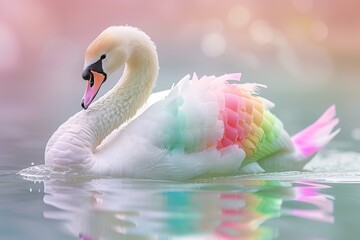 A delicate swan gliding across a pristine lake, its colorful feathers shimmering in the rainbow hues of pink, green, and yellow