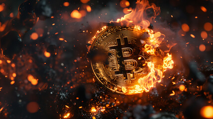 Bitcoin Coin Engulfed in Flames and Sparks - obrazy, fototapety, plakaty