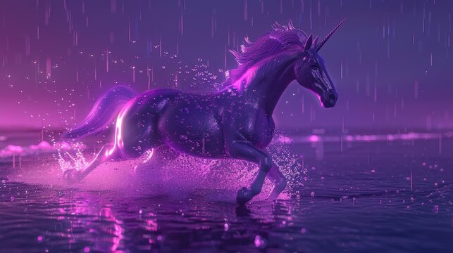 A fantastical purple unicorn with a glowing mane gallops through water under a violet rain, sparking magic droplets around.