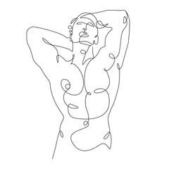 Muscular Male Body Abstract Silhouette Trendy Line Art Drawing. One Line Illustration of Male Naked Figure Minimalistic Black Lines Drawing. Modern Scandinavian Design. Vector EPS 10