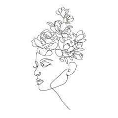 Woman Face with Flowers Line Art Drawing. Female Silhouette Minimal Illustration. Modern Trendy Line Art Drawing for Wall Decor, Fashion Minimal Print, Poster, Social Media. Beauty Logo. Vector EPS 10