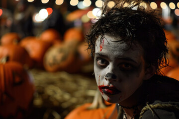 Halloween Zombie Makeup and Pumpkin Patch at Night