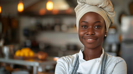 African female chef confidently posing in commercial kitchen