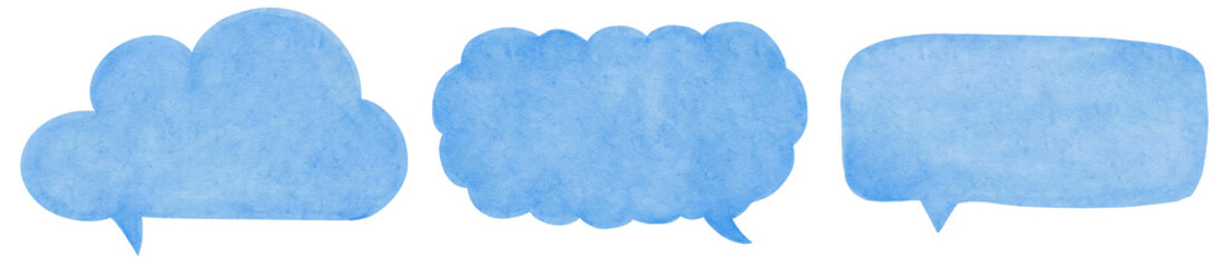 With a transparent background, a set of three blue watercolor speech bubbles, hand-drawn, is offered, serving as versatile elements for dialogues and design.
