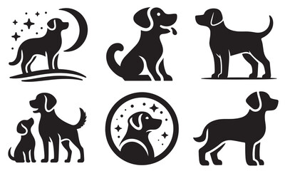 isolated black silhouette of a dog collection, Set of dog silhouette vector. Dogs and puppies in different breed, corgi, golden retriever, poses, sitting, standing, jump