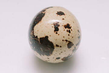 Quail eggs that are the size of an adult human's thumb are lined up on a white mat for photographic and detailed purposes.