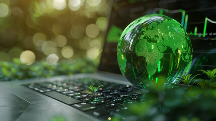 Green Tech and Data Growth on Computer Keyboard
. A computer keyboard comes to life with sprouting plants and a glowing digital globe, metaphorically depicting the growth of green technology and data 