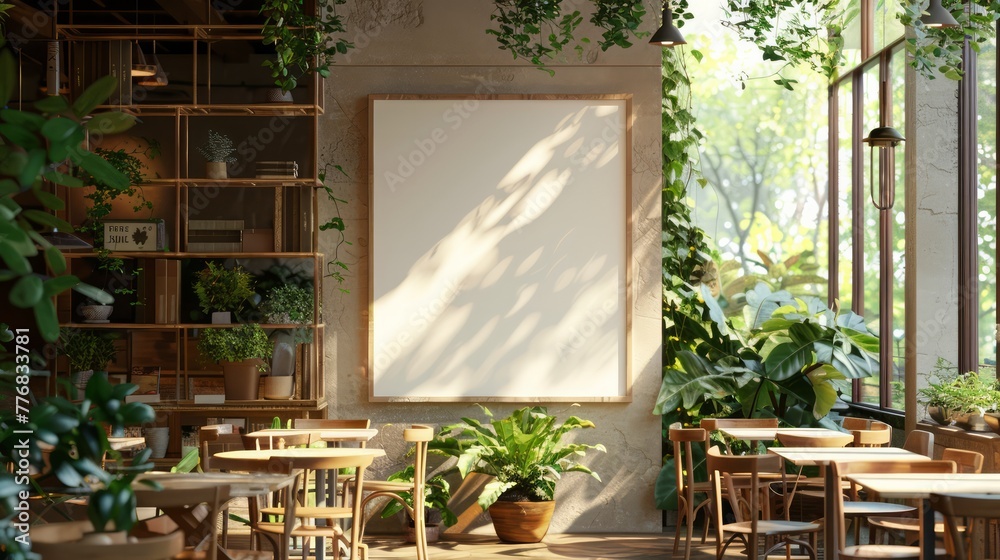 Poster a restaurant with a large white wall and lots of greenery. scene is calm and relaxing