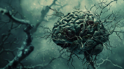 Artistic representation of Alzheimers disease brain deterioration - obrazy, fototapety, plakaty