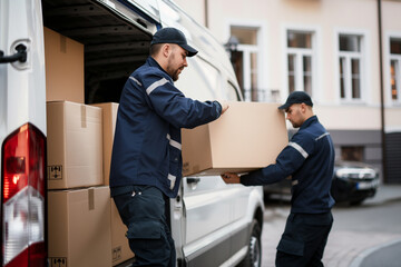 Man movers worker unloading cardboard boxes from van. Professional delivery and moving service