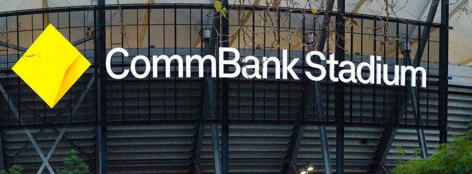 Sydney, NSW Australia: The Sign of CommBank Statium on the building. Also known as Western Sydney Stadium, the 30,000-capacity multi-purpose rectangular stadium is located in Parramatta.