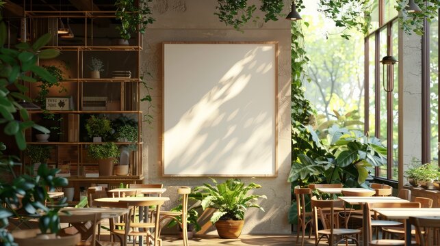 A restaurant with a large white wall and lots of greenery. Scene is calm and relaxing
