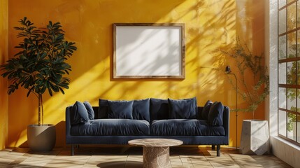 A living room with a blue couch and a white framed picture. The couch is covered in blue pillows and the room is bright and sunny