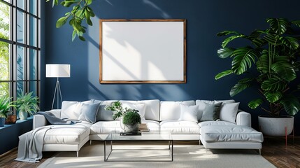 A large white sectional sofa is in a room with a white wall and a large window. The room is decorated with a potted plant and a vase. The room has a modern and clean look