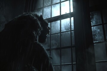 At night the imposing silhouette of a werewolf like gargantuan creature looking at the window - obrazy, fototapety, plakaty