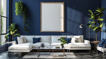 A large white couch sits in front of a large white wall with a framed white picture. The room is decorated with plants and has a modern, minimalist style