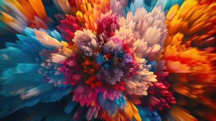 Vibrant explosion of colors in an abstract pattern, resembling a kaleidoscopic burst, evoking energy and dynamic motion. - obrazy, fototapety, plakaty