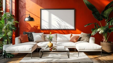 A living room with a white couch, a coffee table, and a potted plant. The room is decorated with a red wall and a white wall