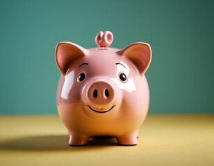 Smiling Piggy Bank on Green and Yellow Background