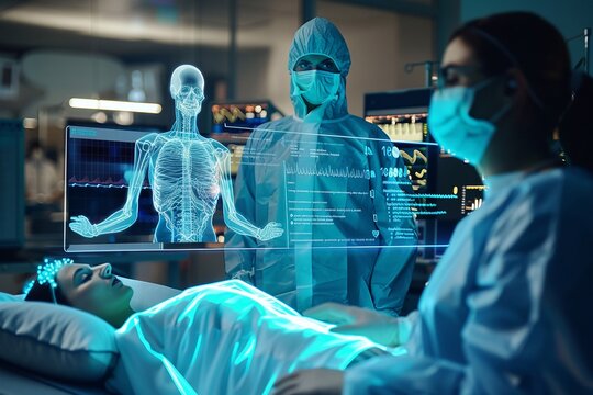 Integrating AI in clinical trials with holographic graphic overlays