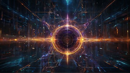 A shimmering quantum encryption, like a ethereal web of liquid light dancing in the void, pulses with otherworldly energy. This concept art showcases a digital painting of this mesmerizing technologic