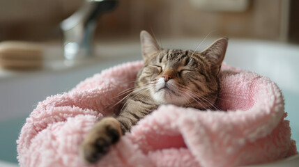 Cat in pink bathrobe lounges in bathtub, abstract relaxation concept