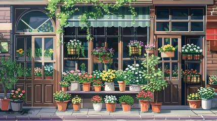 Charming flower shop front with assorted potted plants, - obrazy, fototapety, plakaty