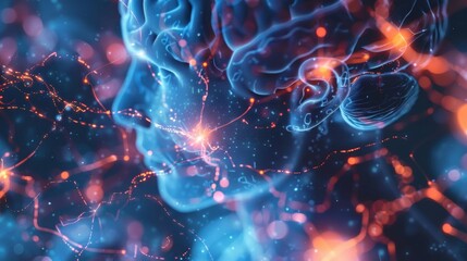 Close-up human brain illustration showing firing neurons activity - obrazy, fototapety, plakaty