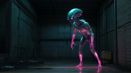 In a dimly lit alleyway, a mesmerizing glamorous bioluminescent alien stands tall, radiating vibrant hues of pinks and greens against the cold concrete walls.