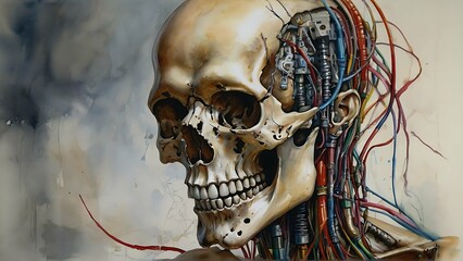 A grotesque absurd cybernetic implant protrudes from the subject's skull.