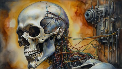 A grotesque absurd cybernetic implant protrudes from the subject's skull.