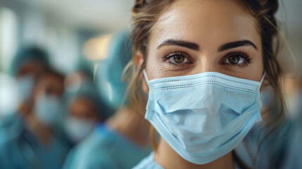 Close-up of masked female doctor, medical team in background
