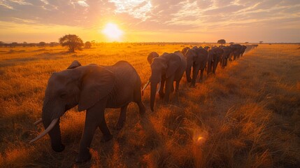 Fototapeta na wymiar A herd of elephants trekking through a parched savanna in search of dwindling water sources